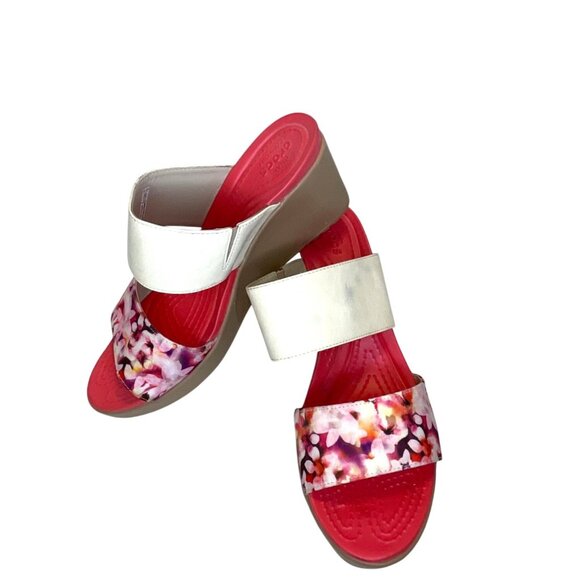 CROCS Shoes - Crocs Wedge Sandals Slip On Shoes Double Strap Pink White Flower Floral Size 10